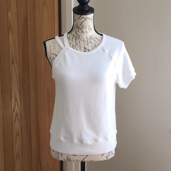 Pam & Gela, Strappy One Shoulder Short Sleeve Sweatshirt Top. White. Small - Picture 3 of 11